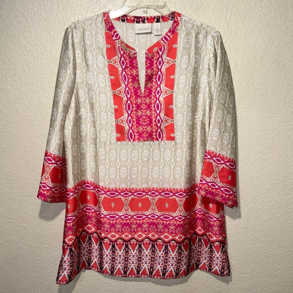 Chico’s Ikat Tunic Top Size 1 Medium Pink Boho 3/4 Sleeve Blouse